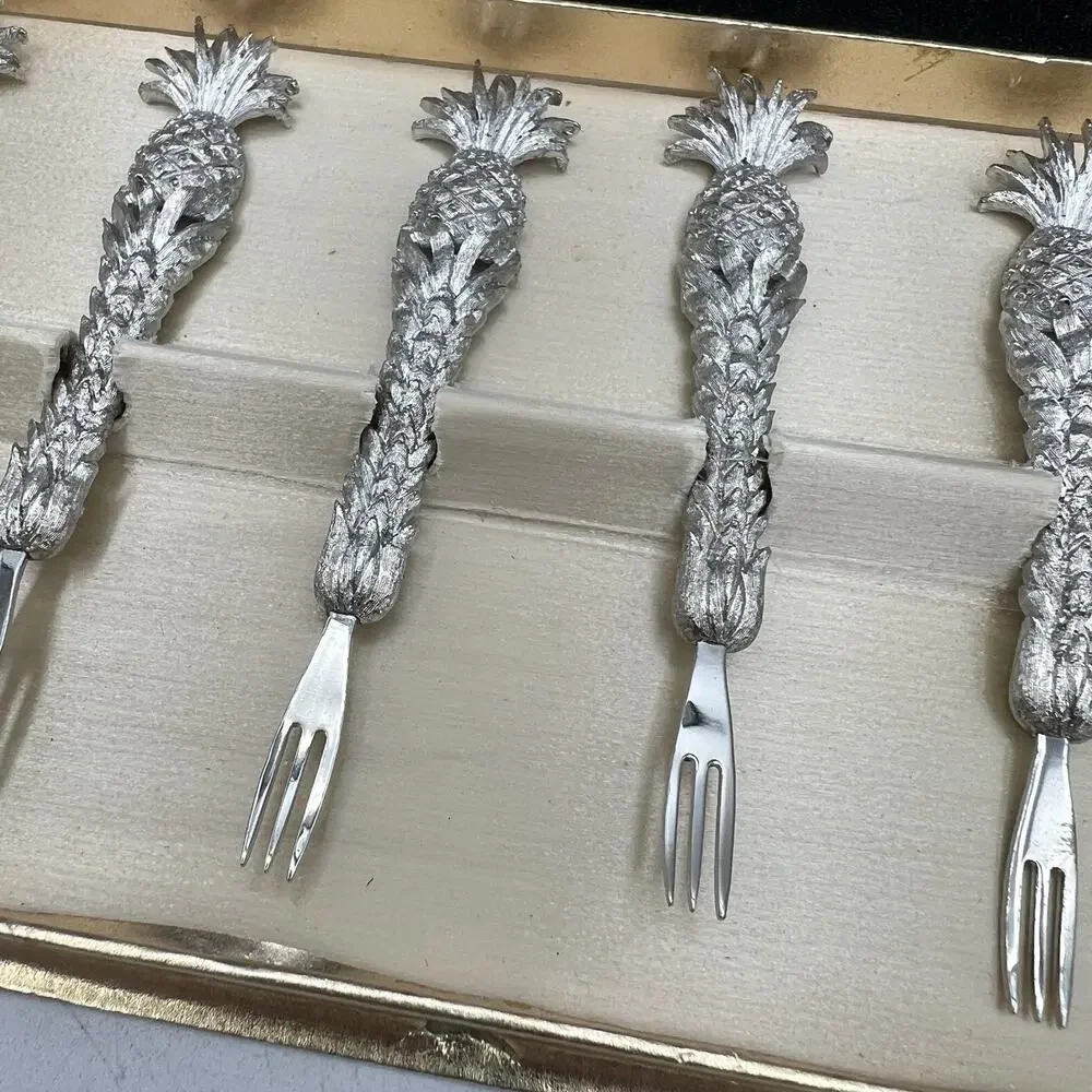 Set 6 Vintage Silver Plated Pineapple Oyster Appetizer Fork Janis Collection 4